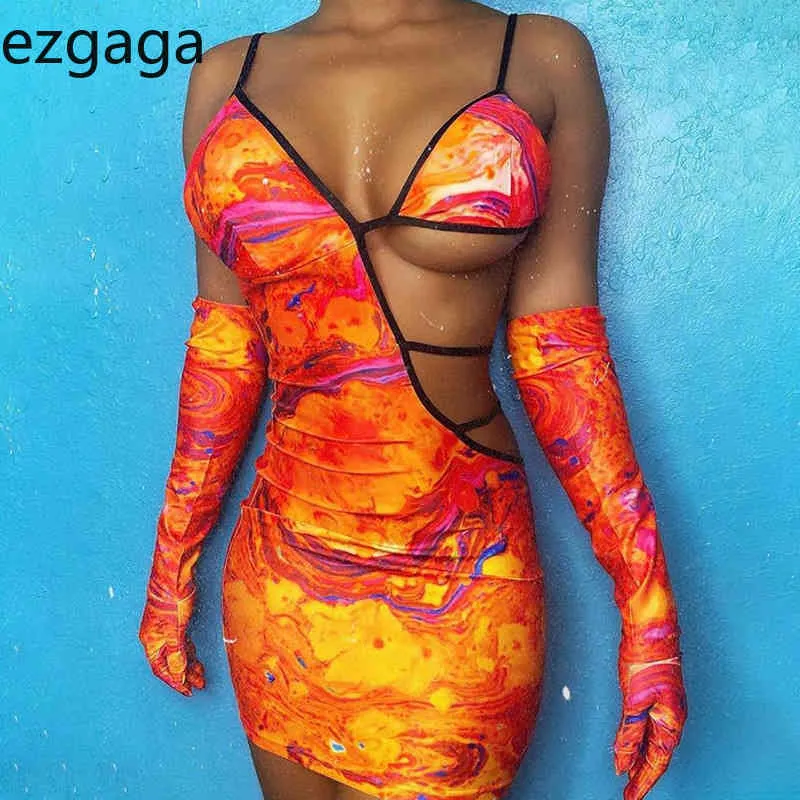 Ezgaga New Punk Rave Dress Donna con scollo a V Sexy scava fuori il vestito aderente Guanti senza schienale Tie Dye Print Abiti Club Moda gotica 210430