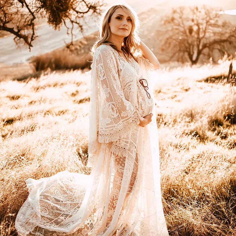 Boho Bohemian Maternity Sukienka Szaty na fotografii Shoot lub Baby Shower Ruffle Koronki Chic Kobiety Prom Suknie Z Długim Rękawem Fotografia Robe Party Dresses