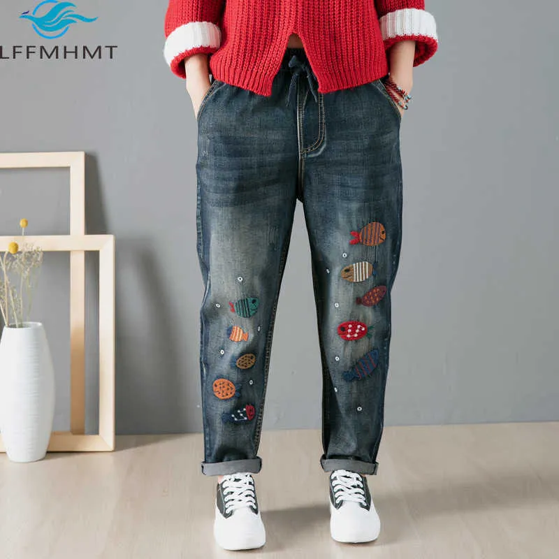 9221 primavera outono moda vintage desenhos animados peixe bordado jeans cintura elástica mulheres harem jeans escritório senhora folhy azul calça h0908