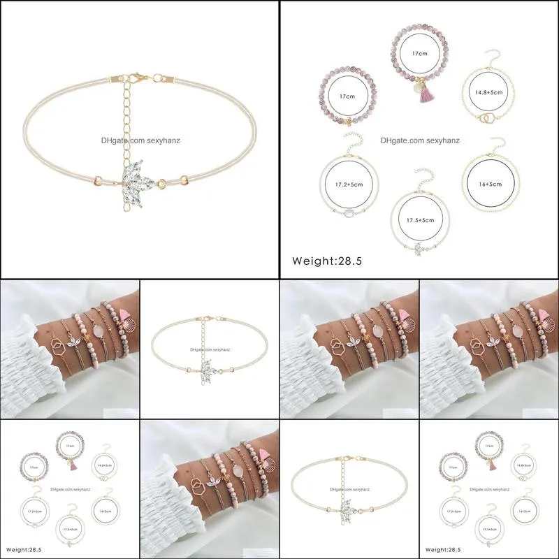 S1499 Hot Fashion Jewelry 6pcs/set Bracelet Set PInk Beads Beads Turtle Geometric Hollowed Chain Bracelet