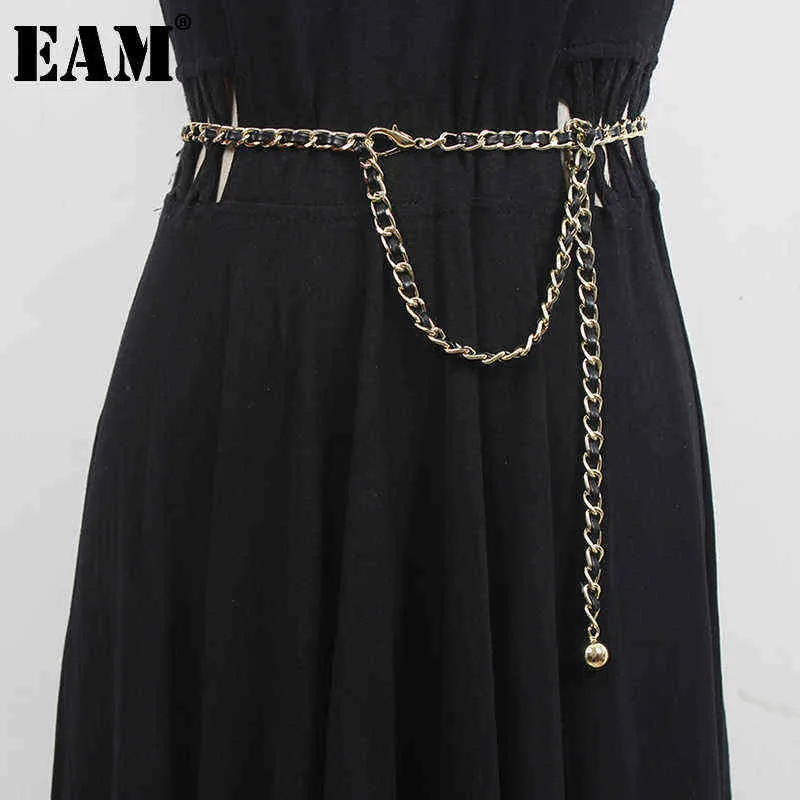 [EAM] Pu Leather Black Split Joint Elegant Metal Belt Personality Women New Fashion Tide All-match Spring Autumn 2022 1DD7968 AA220312