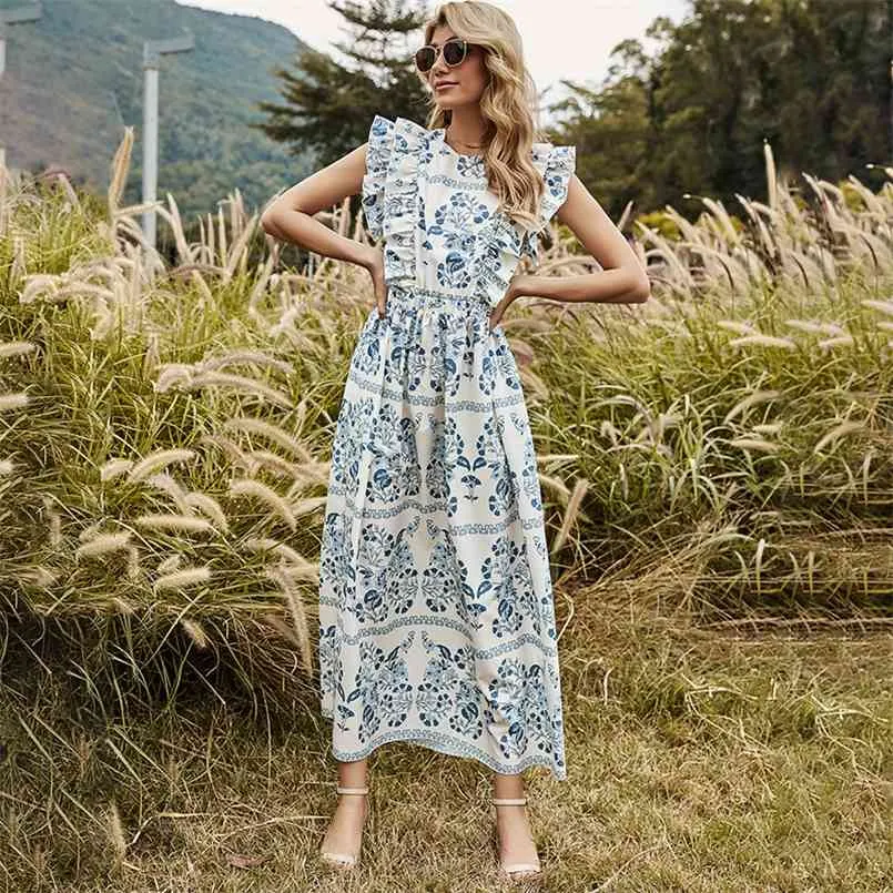 Verano estampado halter Vintage ajustado cintura alta mini vestido largo mujer volantes A-Line maxi es para vestido 210508