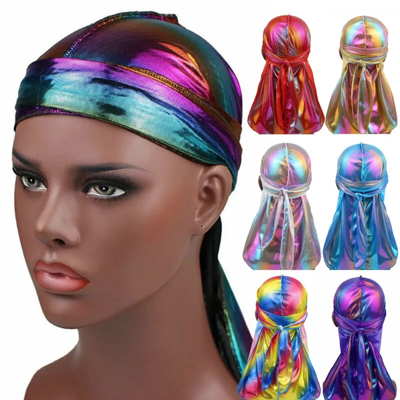 Män kvinnor Silk Laser Polyester Bandana Hat Durag Rag Tail Wrap Headwear Gift Cap217n