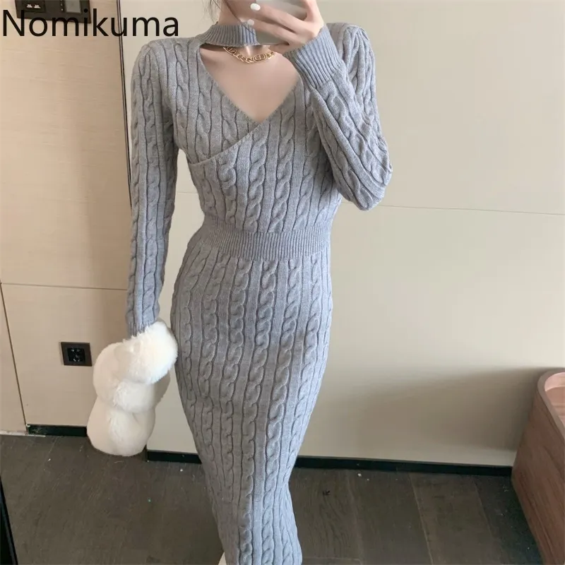 Nomikuma Kore Bükülmüş Kazak Elbise Streç İnce Bölünmüş Bodycorn Elbiseler Seksi Backless Yüksek Bel Örme Vestidos 6D831 210427