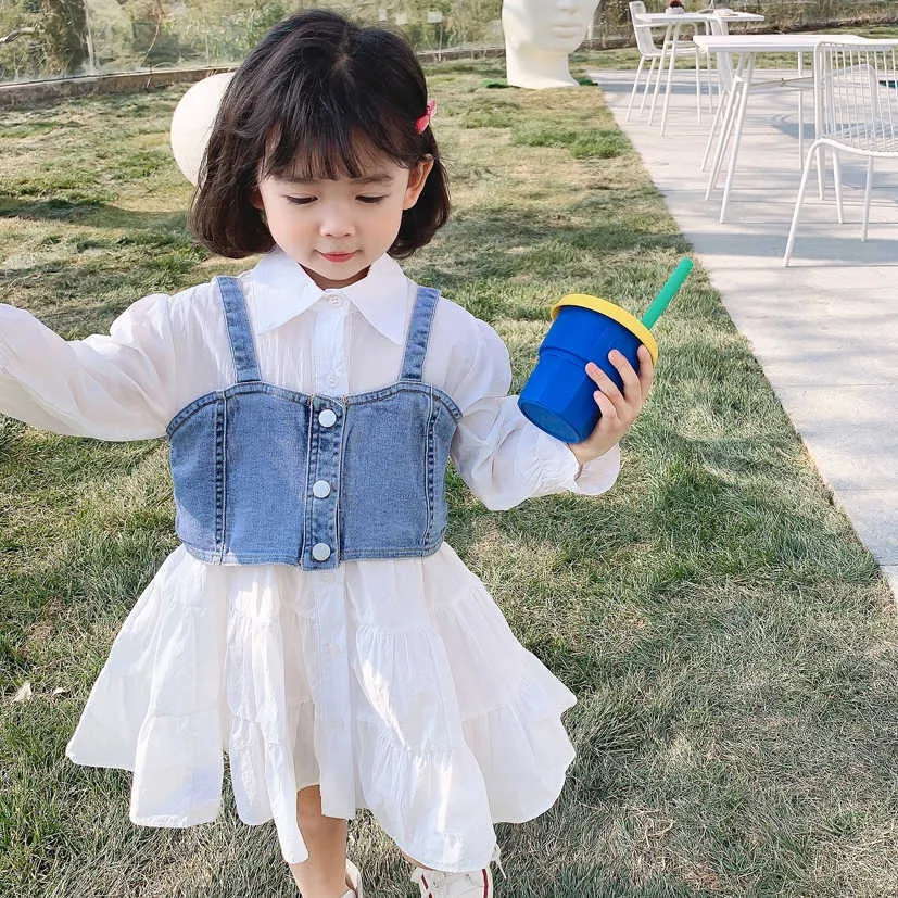 Roupa de menina conjunto de manga comprida vestido de manga e jeans na parte superior da marca crianças cair roupas de outono Atacado garoto jeans roupas 210715