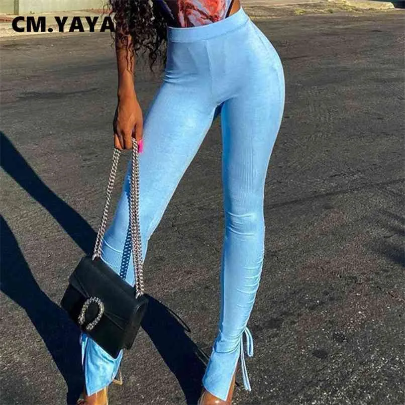 Cm.Yaya ActiveWear Women Elastic Wide Leg Slitbyxor Hög midja Flare Bell Bottom Byxor Draped Jogger Sweatpant 210915