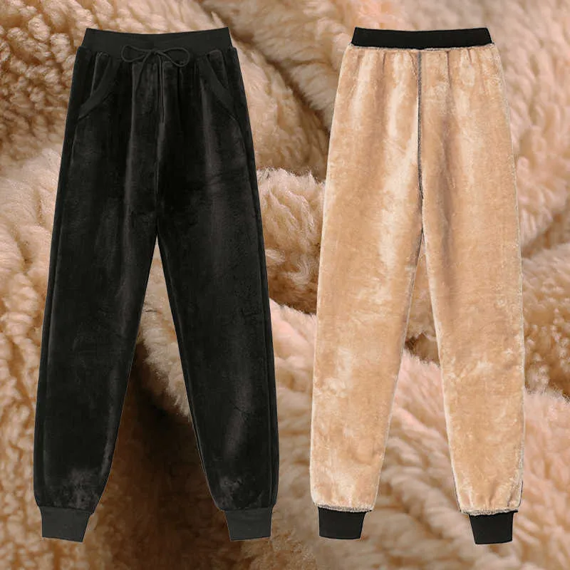 韓国の暖かいハーレムパンツ女性韓国のスウェットパンツ女性のズボンのズボンの黒い柔らかいフリース綿の女性210608