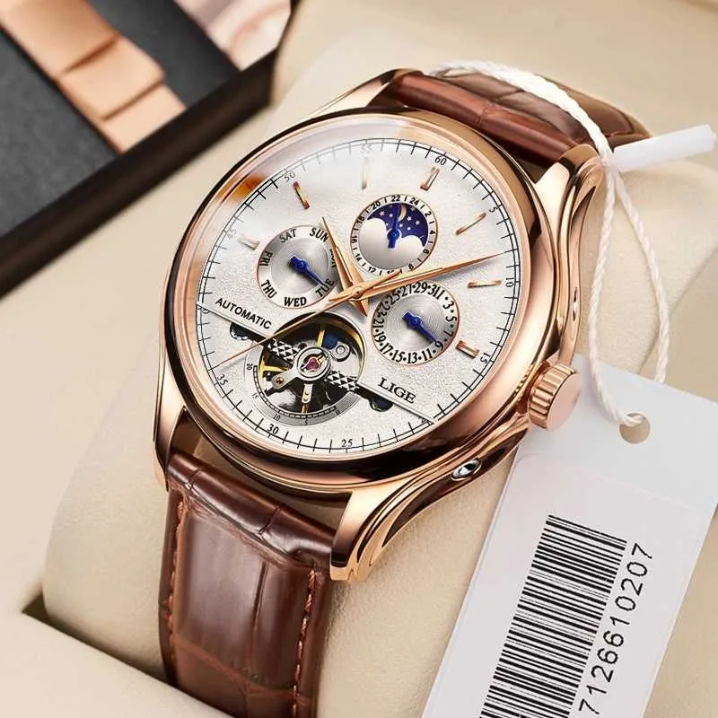 LIGE 9843 Plus Brand Classic Men Retro Watches Automatic Mechanical Watch Clock Genuine Leather Waterproof Wristwatch 210527