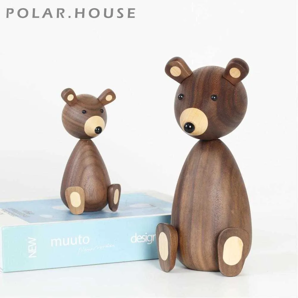 Houten Bruin Bear Figurines Nordic Fashion Designs Wood Carving Poppen Dierlijke Ambachten Geschenken Woondecoratie Accessoires Room Decor 210804