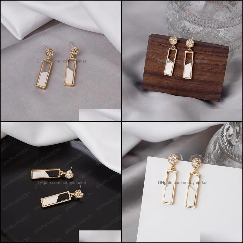 Korean style fashion earring simple geometric square shell earrings ins with diamond 925 silver needle earrings for women