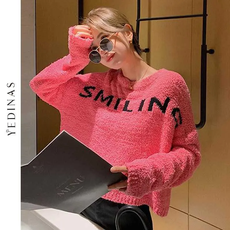 Yedinas koreanska stil höst vinter tröja kvinnor och pullovers casual o-neck stickade rosa tröjor kvinna jumpers brev 210527