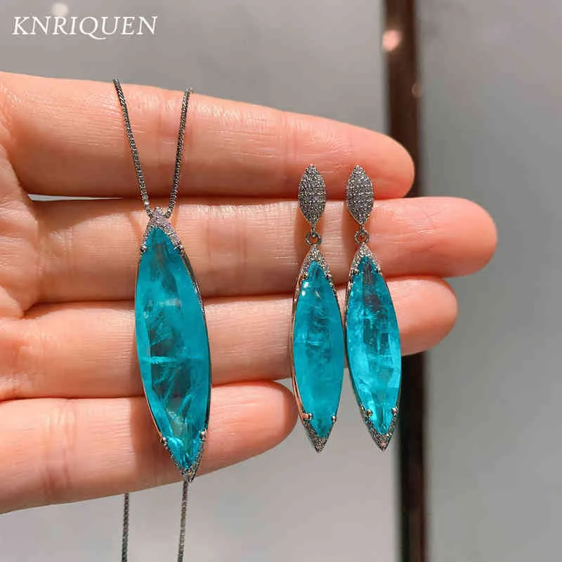 2021 Unique Blue ring Paraiba Tourmaline Gemstone Pendant Necklace Earring Luxury 925 Sterling Silver Jewelry Sets Gifts for Women