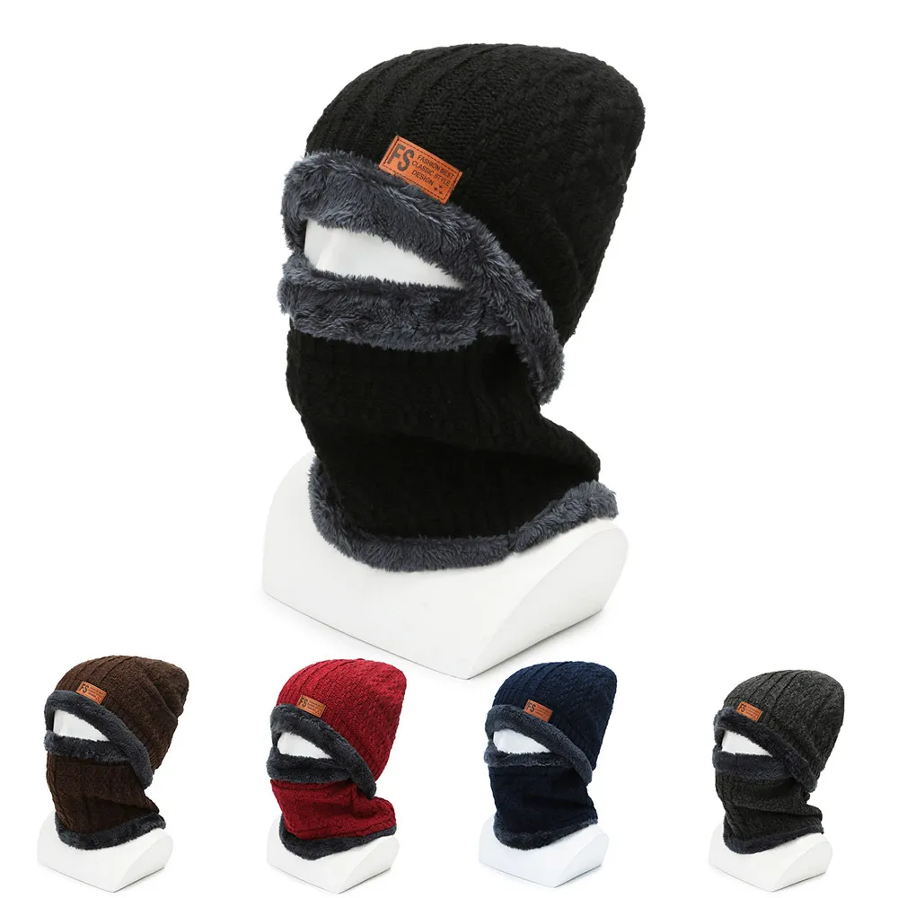 Winter heren gebreide muts en fleece wol cap pullover cap sjaal set