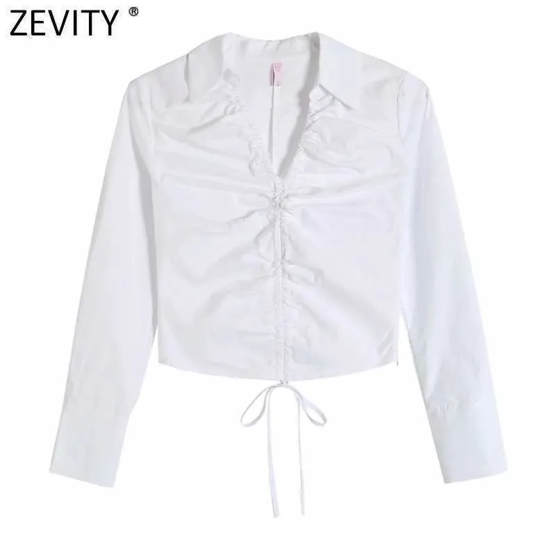 ZEVITY Frauen V-Ausschnitt Plissee Lace Up Short Smock Bluse Weibliche Langarm Weiße Slim Shirts Chic Side Zipper Blusas Tops LS9120 210603