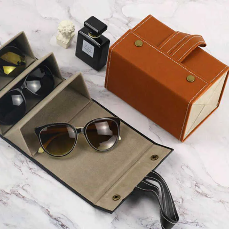 Glasses Case Cover PU Leather 4/5/6 Pairs Of Sunglasses Holder Box Eyeglasses Solid Storage Box Magnet Switch PU Bag 210626