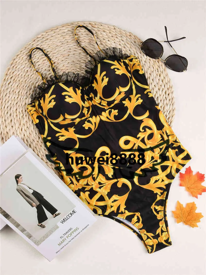 Lace Side Swimwear Padded Push UP Women`s One-piece Swimsuits Outdoor Beach Swimming Bandage Must Designer Wear