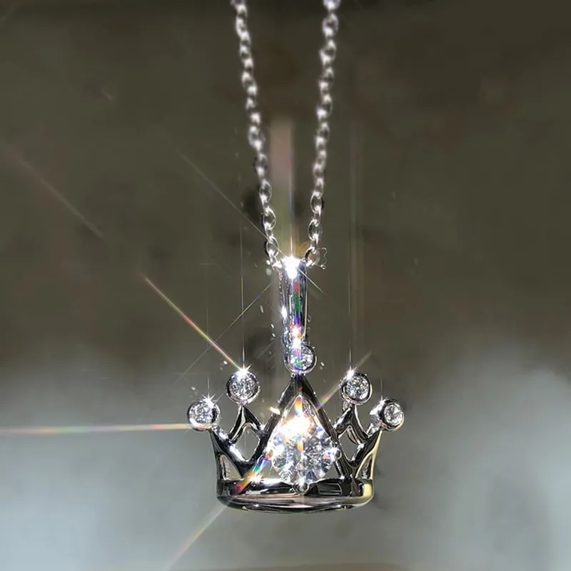 Classique 925 argent couronne pendentif colliers brillant Moissanite femme mode mariage fiançailles bijoux femmes collier