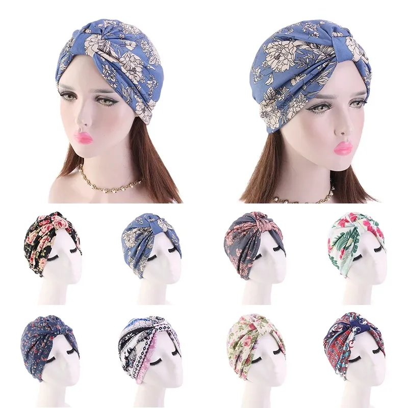 Turban à motifs Hijabs chapeau tête Wrap Floral chapeaux Islam foulard musulman casquette Turbantes Bandanas Harajuke ethnique bonnet chapeau