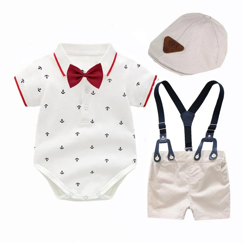 衣類セットコットンボーイズ服夏生まれの紳士セット誕生日ドレスホワイト幼児服帽子+ロンパースビブショーツ3ピース