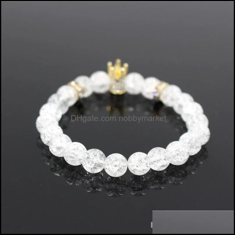 Men and Women White CZ Gold King Crown Natural stone Charm Strands Bracelet Dull Polish White Popcorn Stone Bead Bracelet Yoga Jewelry