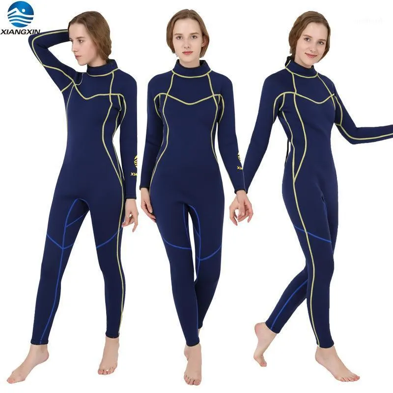 Swim Wear Woman Fashion Navy Blue Solid Color 3mm Neoprene Laminated Nylon Full Suit YKK Ziper Flatlock Swimming Surfing Diving Wetsuit