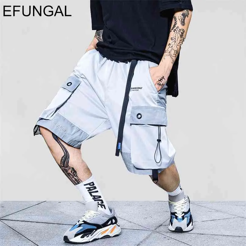 EFUNGAL Hip Hop Lunghezza al ginocchio Tasca riflettente Stripe Pantaloncini estivi Moda uomo Streetwear Jogger allentato Maschio Urbano 210716