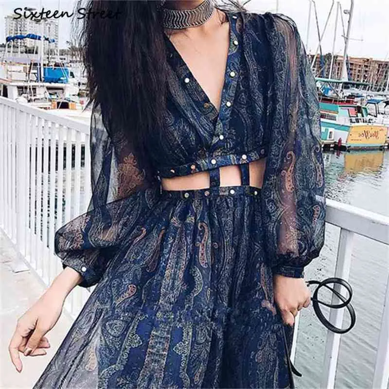 Boho Vacation Dress Woman Summer V-neck Long Lantern Sleeve Dark Blue Chiffon Vestido es Rivets Beach Maxi 210603