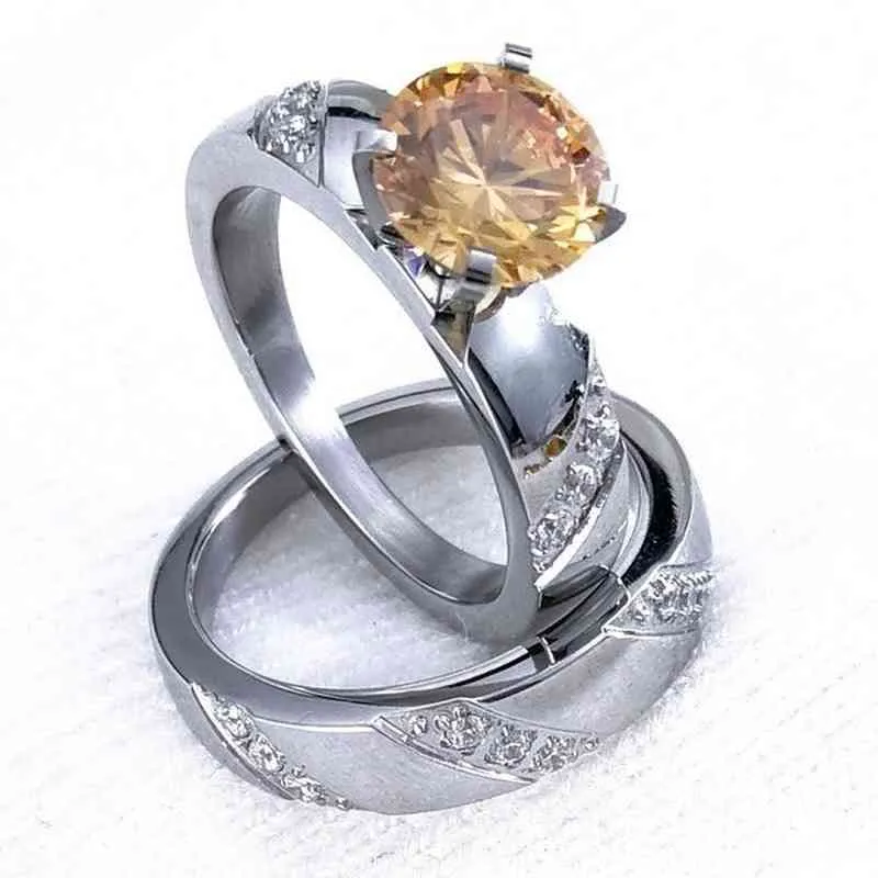 Ahappy high quailty couple zircon Wedding engagement ring Size 5-10 hers stainls steel champagne stone