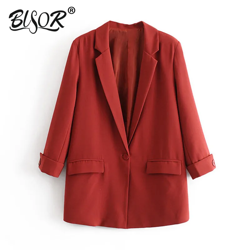 Vrouwen Elegante Rood Pak Blazer Gekleed Kraag Drie Kwart Mouw Zakken Stevige Jas Vrouwelijke Casual Uitloper Chique Jassen 210430