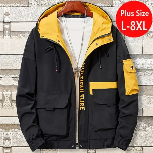 Plus Size 7XL 8XL Cerniera Uomo Giacche Primavera Autunno Giacca antivento Uomo Casual Giacca a vento Cappotto Uomo traspirante Abbigliamento con cappuccio X0621