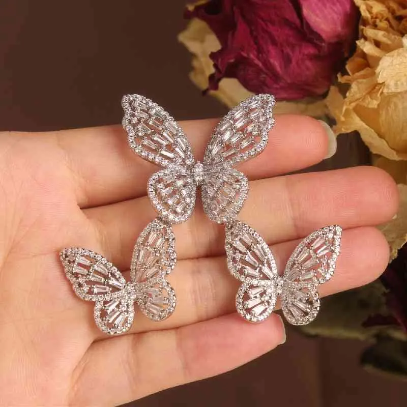 Verkoop mode-sieraden prachtige koper ingelegd zirkoon ring set luxe elegante vlinder prom feest oorbellen voor vrouwen