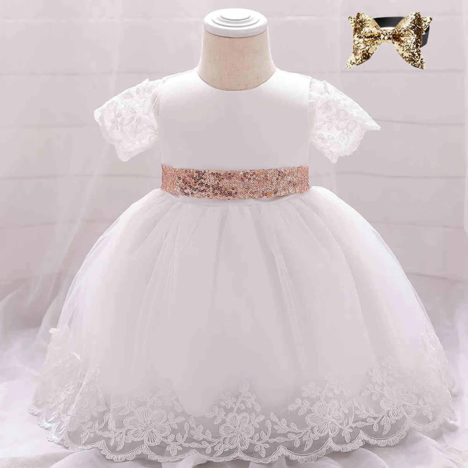 Summer Lace Bow Sequined Christening Princess Toddler Birthday Party Ball Gown Baby Girl Dress Newborn Children Baptism 1 Year G1129