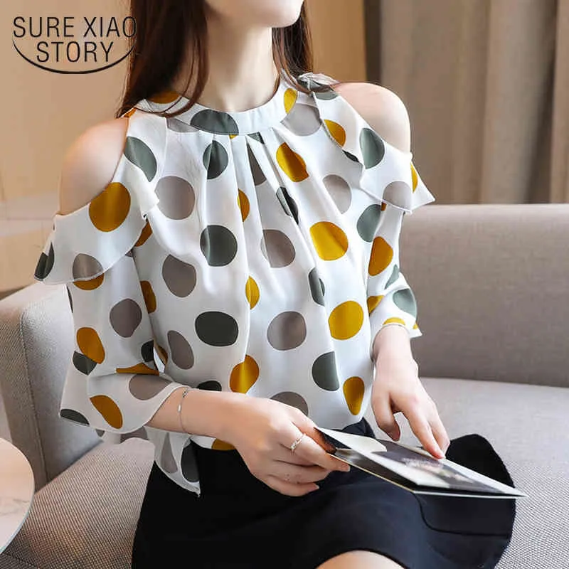 Coreano Allentato Polka Dot Slim Fit Manica corta Stand colletto Off-spalla Elegante camicetta in chiffon Donna Top Chemisier Femme 8983 50 210508