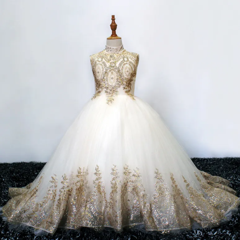 2021 Gold Flower Girl Sukienki na ślub Spaghetti Koronki Długie Spódnice Ogon Dziewczyny Korowód Dress A Linia Dzieci Urodziny Suknie Szaty De Fête