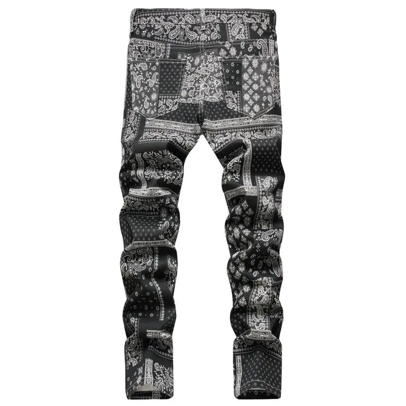 メンズジーンズの男性ペイズリーバンダンプリントファッション3Dデジタルペイントストレッチデニムパンツスリムストレートブラックズボン1809
