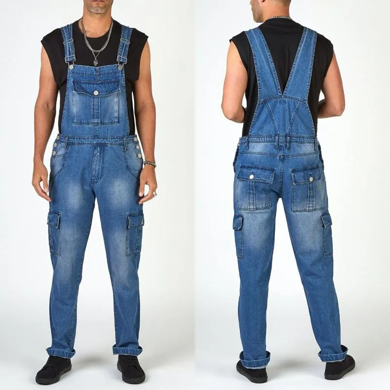 Jeans pour hommes Mode Salopette Hommes Denim Bretelles Lavé Combinaison Longue Streetwear Poche Bretelles Baggy Bib Contraste Pantalon Pantalon