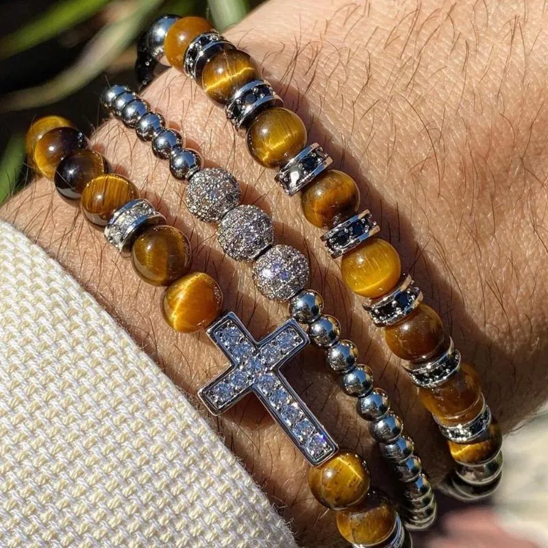 Luxury Men Bracelet Set CZ Pave Cross Charm Natural Stone Tiger Eye Beaded Macrame Friendship Adjustable Beaded, Strands