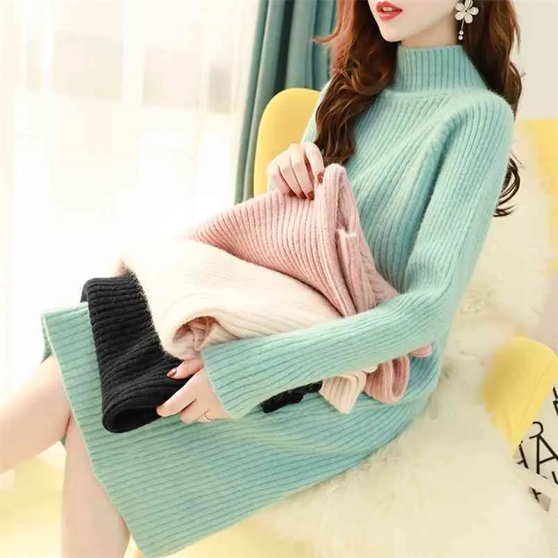 Half Turtleneck Over The Knee Sweater Skirt Women Autumn And Winter Korean Wild Net Red Knitted Bottoming Shirt 210427