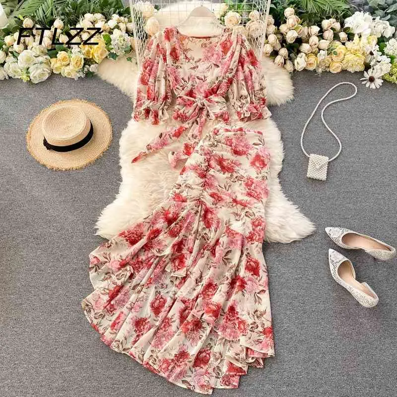 Women Beach Two Piece Sets Summer Sexy V-neck Bandage Blouse Irregular Fishtail Skirt Outfits Ladies Chiffon Floral 210602