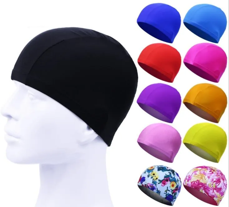 Bonnet de bain en nylon spandex pour enfants et adultes, solide ou imprimé, confort, haute élasticité, protection des oreilles, chapeaux de piscine