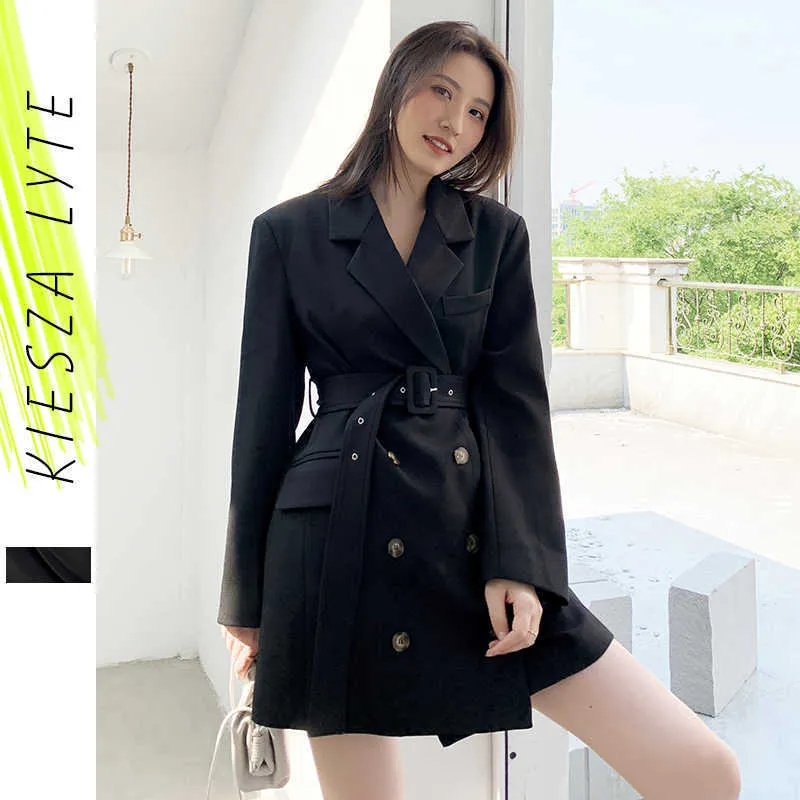 Blazers para mulheres outono inverno moda designer escritório senhora slim preto com jaquetas de cinto outerwear formal 210608