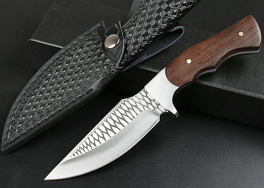 New Straight Hunting Knife 3Cr13Mov Drop Point Satin+Laser Pattern Blade Full Tang Rosewood Handle Knives With Leather Sheath