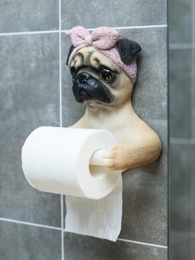 Caixas de lenços de papel Guardanapos Resina realista Pug Caixa de cachorro Suporte para rolo de papel higiênico montado na parede Vasilha de papel higiênico Adereços para casa