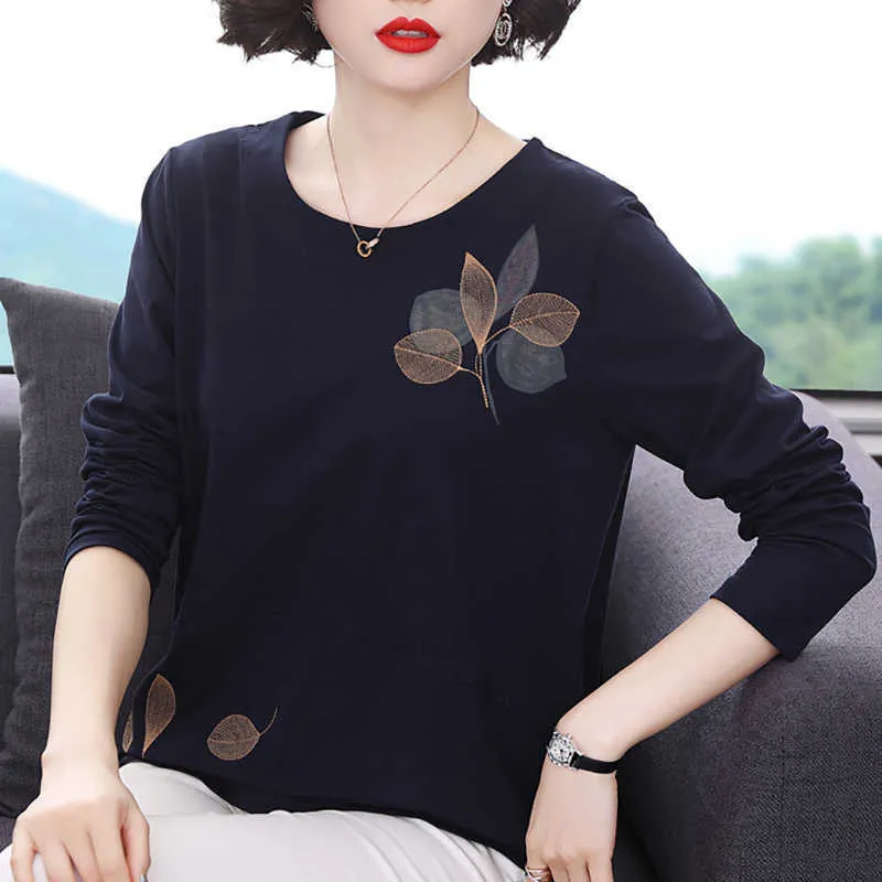Shintimes花刺繍Tシャツの女性の青いヴィンテージT-春秋の綿のゆるい韓国の服ティーFemme 210615