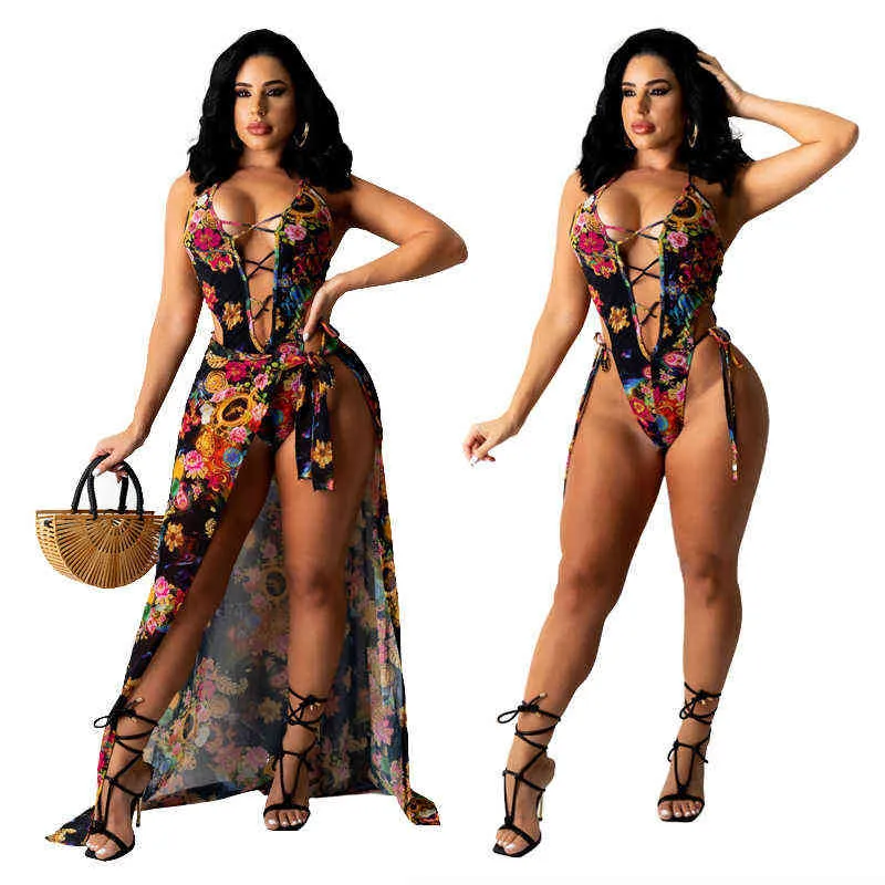 Lato Sexy Bikini Zestaw Kobiety Floral Print Swimsuit Swimsuit i wiązana spódnica Cover Up 2 Piece Swimsuit Beach Nosić bandaż kostium kąpielowy 211116