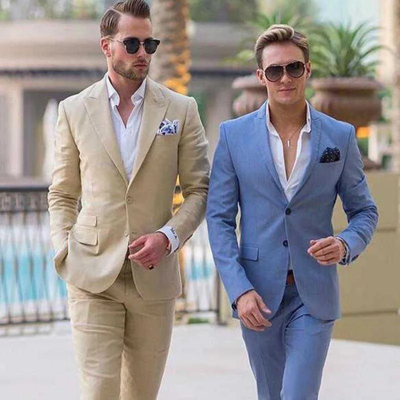 2020 Ivory Linen Men Suits for Beach Wedding Groom Tuxedos Notched Lapel Terno Two Pieces Groomsmen Wear Slim Fit Men Suits X0909