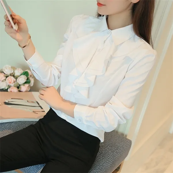Moda Mulheres recolher colarinho camisas brancas escritório senhoras manga comprida chiffon camisa trabalho roupas korea blusa casual blusa x0521