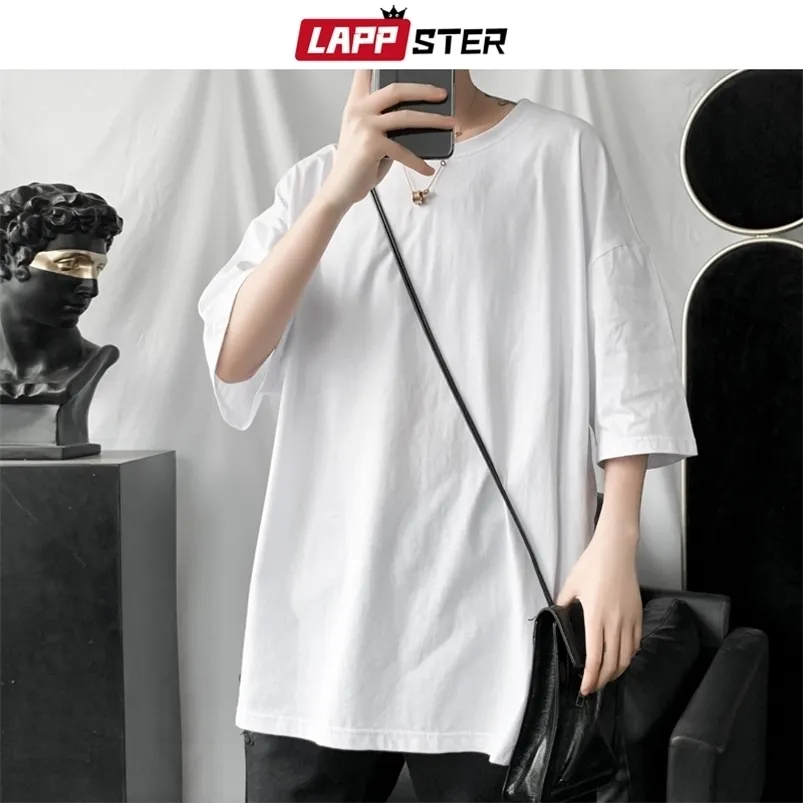 Lappster Mężczyźni Oversized Solid Harajuku Koszulki Pół Rękaw Summer Męskie 9 Kolory Casual Streetwear Tee White Korean T-shirt 210706