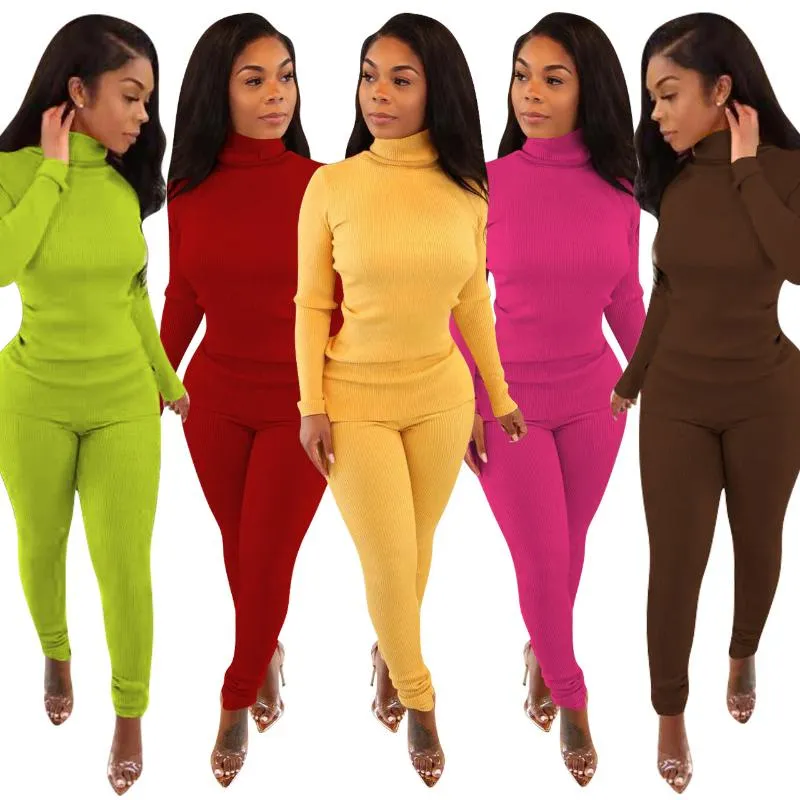 Women's Two Piece Pants Zoctuo Basic Ribbed Tracksuit Turtleneck Sweater Tops And Suit Matching 2 Set Outfits Knitted Sweatsuit