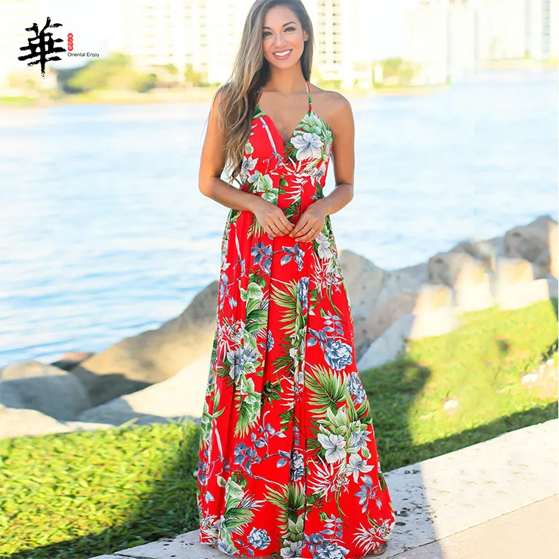 FQFGGYD Women's Boho Maxi Dress Flowy Beach Sundress Print Deep V - Main Image